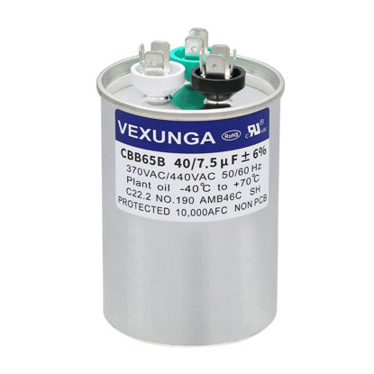 Picture of VEXUNGA 40/7.5 uF 40+7.5 MFD 370V or 440V Dual Run Start Round A/C Capacitor CBB65 CBB65B Air Conditioner Capacitors for AC Unit Fan Motor Start or Heat Pump or Condenser Straight Cool