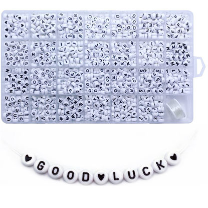 Picture of Amaney 1400 Pieces 4x7mm White Round Acrylic Alphabet Letter Beads A-Z Heart Pattern Beads and Crystal Line for Jewelry Making Bracelets Necklaces Key Chains