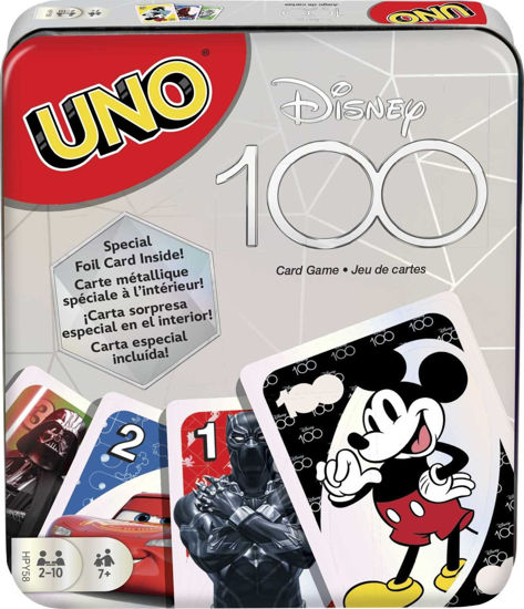 Picture of UNO Disney 100 Card Game in Storage & Travel Tin for Kids, Adults & Family Night, Collectible Game (Amazon Exclusive)