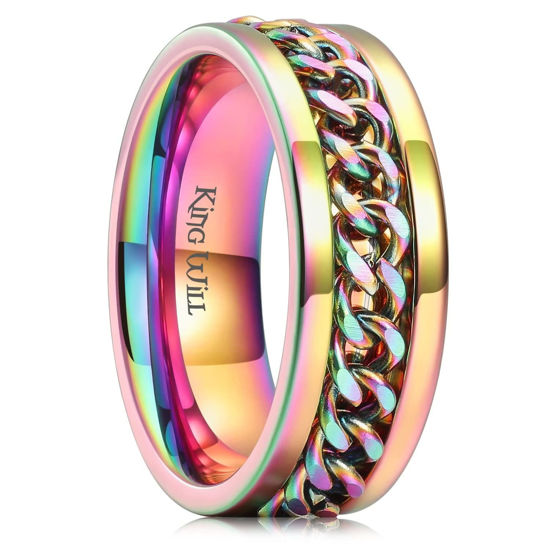 Picture of King Will Intertwine 8mm Spinner Ring Rainbow Stainless Steel Fidget Ring Anxiety Ring for Men with Curb Chain Inlay 11