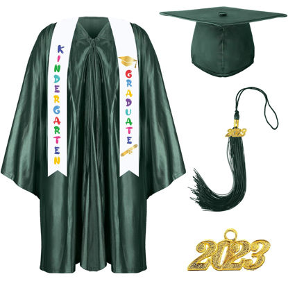 Picture of Foaincore 2023 Year Preschool and Kindergarten Graduation Gown Cap Tassel Set with 2023 Charm Printed Stole for Kid Grad Gift (Dark Green, 36)