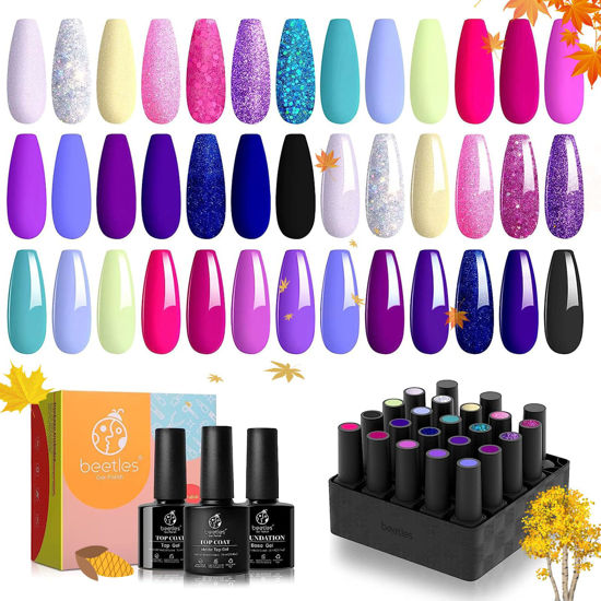 Picture of Beetles 20 Gel Nail Polish Kit,Midnight Euphoria Collection Purple Blue Hot Pink Glitter Gel Polish Set Soak off Glossy & Matte Top Base Coat Nail Art Design Valentine's Day Gifts for Women Girls