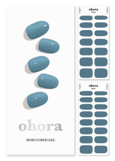 Picture of ohora Semi Cured Gel Nail Strips (N Washing Jean) - Works with Any Nail Lamps, Salon-Quality, Long Lasting, Easy to Apply & Remove - Includes 2 Prep Pads, Nail File & Wooden Stick - Blue