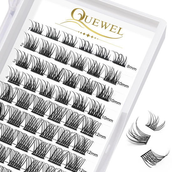 Picture of QUEWEL Cluster Lashes 72 Pcs Wide Stem Individual Lashes C/D Curl 8-16mm Length DIY Eyelash Extension False Eyelashes Natural&Mega Styles Soft for Personal Makeup Use at Home (Natural-D-MIX8-16)