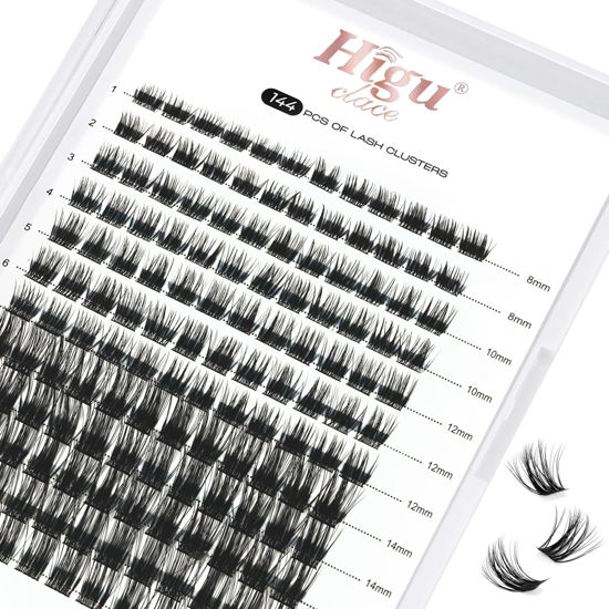 Picture of Lash Clusters DIY Eyelash Extensions 144 Pcs Cluster Eyelash Extensions 8-16mm Cluster Lashes D Curl Lash Clusters Thin Stem Eyelash Clusters Reusable Makeup for Self-application (Common-Big D 8-16)