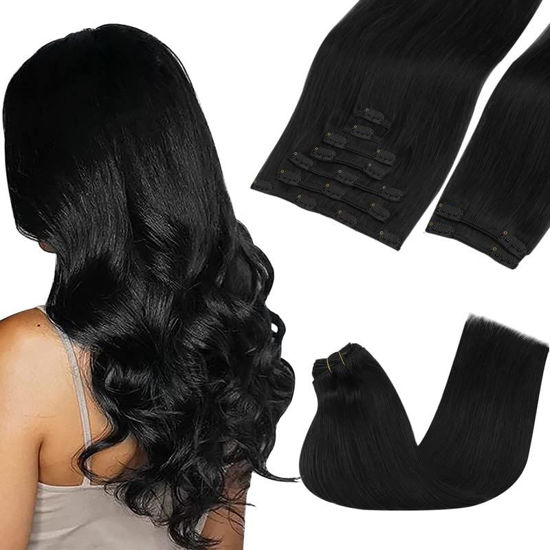 Picture of GOO GOO Clip-in Hair Extensions for Women, Soft & Natural, Handmade Real Human Hair Extensions, Jet black, Long, Straight 1#, 9pcs 150g 18inch