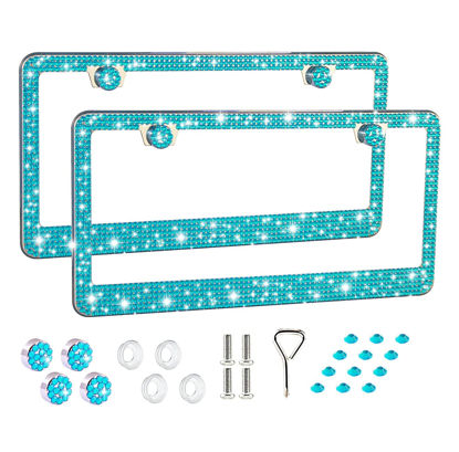 Picture of FIISFIIS Bling License Plate Frame for Women,2 Pack Premium Stainless Steel Rhinestone Car License Plate Holder,Handmade Glitter Crystal Diamond Lincense Plate Cover,Bedazzled Sparkly Caps-Aquamarine