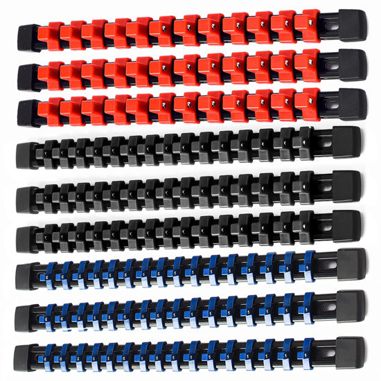 Picture of ALOANES 9 PC ABS Socket Organizer, 1/2 inch, 3/8 inch and 1/4 inch Drive Socket Rail Holders, Heavy Duty Socket Racks, Black Rails with Red, Blue and Black Clips