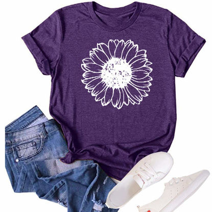 Picture of GLIGLITTR Women's Summer Sunflower T Shirt Cute Flower Graphic Loose Tees Crew Neck Short Sleeve Casual Tops (Purple, Small)