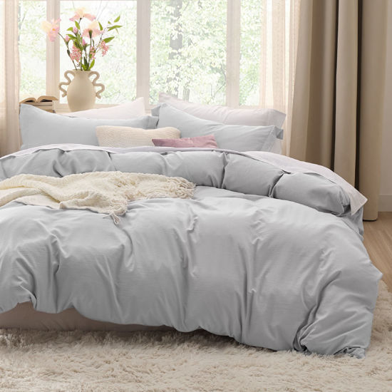 Picture of Bedsure Duvet Cover Queen Size - Soft Prewashed Queen Duvet Cover Set, 3 Pieces, 1 Duvet Cover 90x90 Inches with Zipper Closure and 2 Pillow Shams, Light Grey, Comforter Not Included