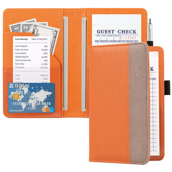 Picture of ACdream Server Books for Waitress, Guest Book Note Pad, Cute Pocket Leather Money Organizer Wallet, Cash Check Bill Receipt Holder Presenter, Waiter Accessories Fit Server Apron, Orange