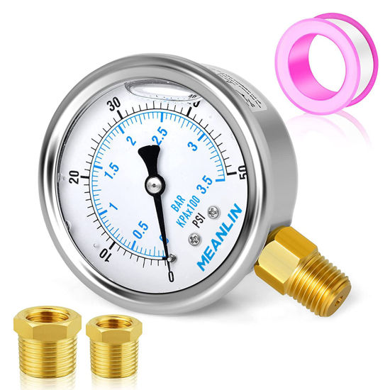 Picture of MEANLIN MEASURE 0~50Psi Stainless Steel 1/4" NPT 2.5" FACE DIAL Liquid Filled Pressure Gauge WOG Water Oil Gas Lower Mount