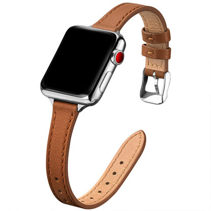 Picture of STIROLL Slim Leather Bands Compatible with Apple Watch Band 38mm 40mm 41mm 42mm 44mm 45mm 49mm,Top Grain Leather Watch Thin Wristband for iWatch Ultra SE Series 8/7/6/5/4/3/2/1(Brown with Silver)