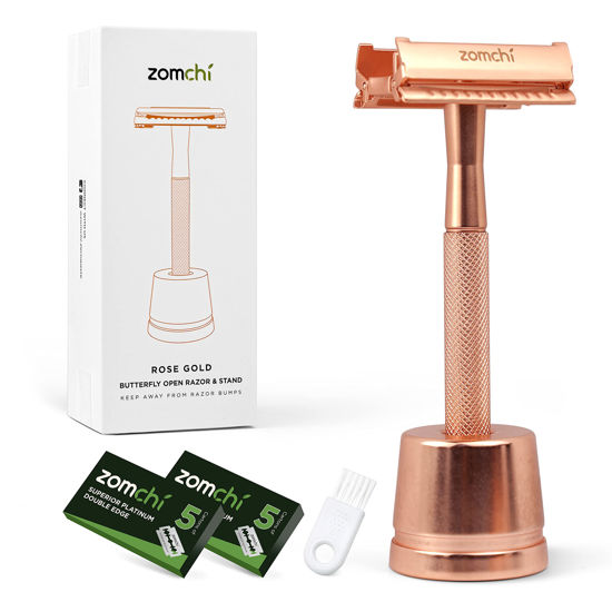 Picture of Safety Razor for Women, Butterfly Open Safety Razor with 10 Blades,Women Razor with a Delicate Box,Free of Plastic (Rose Gold Razor Stand Style)