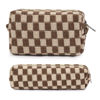 Picture of SOIDRAM Makeup Bag Checkered Cosmetic Bag Brown Makeup Pouch 1Pcs Large Capacity Makeup Bags and 1Pcs Makeup Brushes Storage Bag Travel Toiletry Bag Organizer