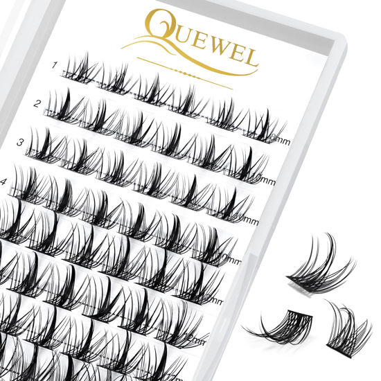 Picture of QUEWEL Cluster Lashes 72 Pcs Wide Stem Individual Lashes C/D Curl 8-16mm Length DIY Eyelash Extension False Eyelashes Sparkle Styles Soft for Personal Makeup Use at Home (Sparkle-D-MIX8-16)