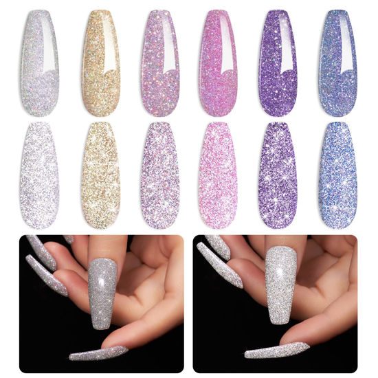 Picture of Beetles Reflective Glitter Gel Nail Polish, 6 Colors Holographic Gel Polish Kit Sparkle Glitter Gel Flash Dimond Sliver Gold Soak Off UV LED Spring Summer Nail Polish White Manicure Kit Gift for Women Girls