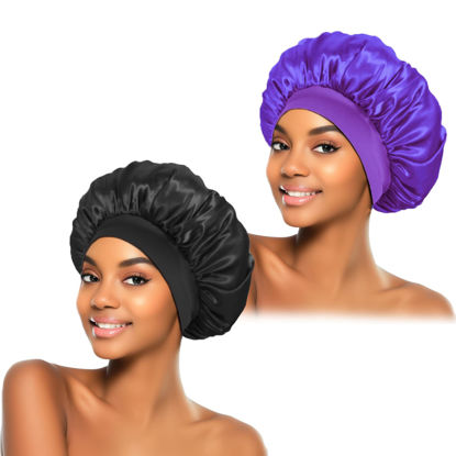 Picture of 2Pcs Silk Bonnet for Sleeping, Satin Hair Bonnets, Soft Elastic Band Silk Sleep Cap, Silk Hair Wrap for Curly Hair (Black Purple)