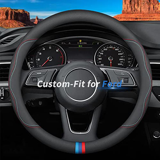 Picture of Deer Route Custom-Fit for Ford Steering Wheel Cover, Premium Leather Car Steering Wheel Cover with Logo, Non-Slip, Breathable, for Ford Accessories (C-Style,for Ford)