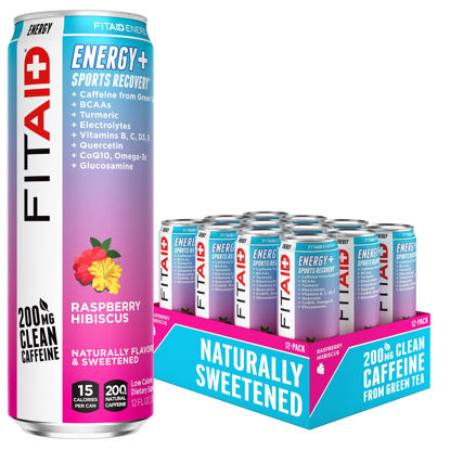 Picture of FITAID ENERGY, 200mg Natural Caffeine, Keto, Raspberry Hibiscus, Optimum Performance Formula: BCAAs, Quercetin, Electrolytes, Omega-3s, 15 calories, Paleo, Vegan & GlutenFree, 12-oz cans (Pack of 12)