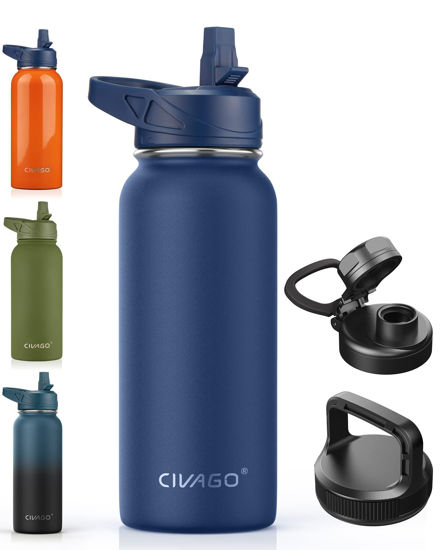 Picture of CIVAGO 32 oz Insulated Water Bottle With Straw, Stainless Steel Sports Water Cup Flask with 3 Lids (Straw, Spout and Handle Lid), Wide Mouth Travel Thermo Mug, Navy Blue