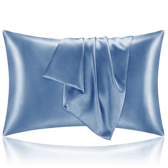 Picture of BEDELITE Satin Pillowcase for Hair and Skin, Queen Pillow Cases Set of 2 Pack, Super Soft Silky Airy Blue Pillow Case with Envelope Closure (20x30 Inches)