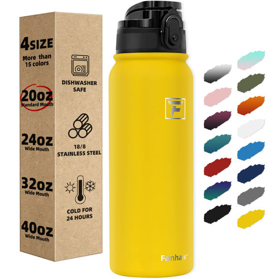 Picture of Fanhaw Insulated Water Bottle with Chug Lid - 20 Oz Double-Wall Vacuum Stainless Steel Reusable Leak & Sweat Proof Sports Water Bottle Dishwasher Safe with Anti-Dust Standard Mouth Lid (Yellow)