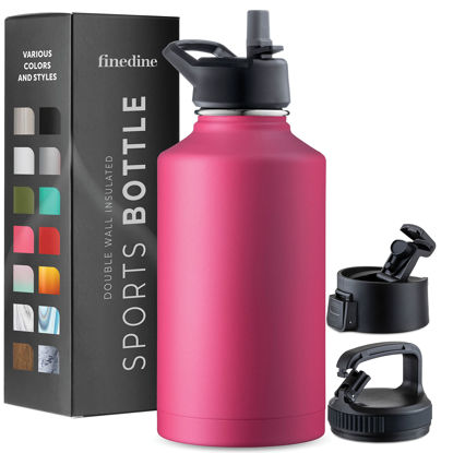 Picture of FineDine Insulated Water Bottles with Straw - 64 Oz Stainless Steel Metal Water Bottle W/ 3 Lids - Reusable for Travel, Camping, Bike, Sports - Striking French Rose