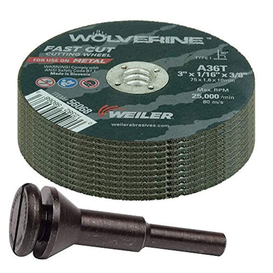 Picture of Weiler 56089 Die Grinder Cut-Off Wheel and Mandrel Kit Including 56490 Mandrel and 3-Inch x 1/16" Wolverine T1 Thin Wheels, A36T, 3/8" AH (1 Mandrel and 10 Cutting Discs)