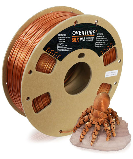 Picture of OVERTURE Silk Filament PLA 1.75mm Clog-Free Shiny 3D Printer Filament, 1kg Spool (2.2lbs), Dimensional Accuracy +/- 0.03 mm, Fit Most FDM Printer(Silk Copper)