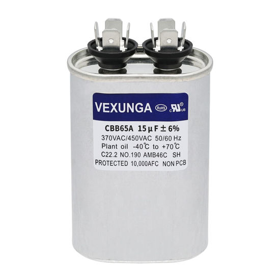 Picture of VEXUNGA 15uF 370/440VAC 50/60Hz CBB65 CBB65A Oval Run Start Capacitor 15 MFD 370V/440V Air Conditioner Capacitors for AC Unit Fan Motor Start or Pool Pump or Air Condenser Straight Cool