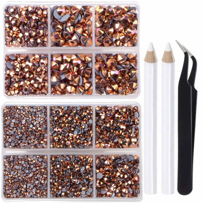 Picture of LPBeads 6400 Pieces Hotfix Rhinestones Rose Gold AB Flat Back 5 Mixed Sizes Crystal Round Glass Gems with Tweezers and Picking Rhinestones Pen