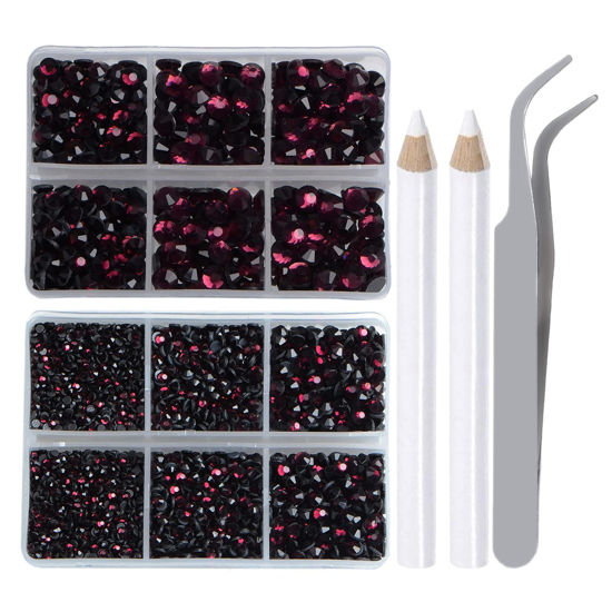 Picture of LPBeads 6400 Pieces Hotfix Rhinestones Amethyst Flat Back 5 Mixed Sizes Crystal Round Glass Gems with Tweezers and Picking Rhinestones Pen