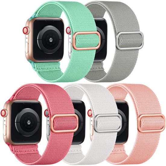 Picture of Adorve Compatible with Apple Watch Bands 38mm 40mm 41mm for Women Men, Adjustable Stretchy Solo Loop for iWatch SE Series 7/6/5/4/3/2/1 (Pink/White/Peach Red/Mint Green/Light Gray, 38mm/40mm/41mm)