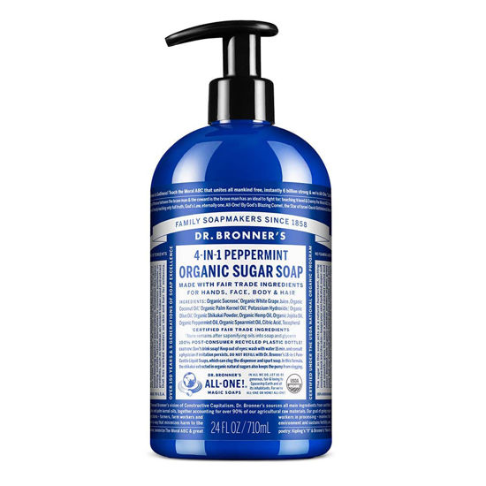 Picture of Dr. Bronner’s - Organic Sugar Soap (Peppermint, 24 Ounce) - Made with Organic Oils, Sugar and Shikakai Powder, 4-in-1 Uses: Hands, Body, Face and Hair, Cleanses, Moisturizes and Nourishes, Vegan