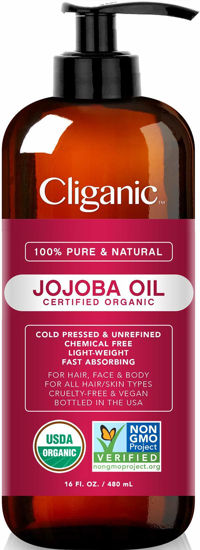 Picture of Cliganic Organic Jojoba Oil 16 oz, 100% Pure | Bulk, Natural Cold Pressed Unrefined Hexane Free Oil for Hair & Face | Base Carrier Oil