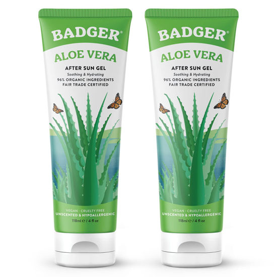 Picture of Badger Aloe Vera Gel for Sunburn Relief, Fair Trade & Organic After Sun Care, Pure Cooling Soothing Aloe Vera Gel for Face & Skin, Hypoallergenic & Unscented, 4 fl oz (2 Pack)