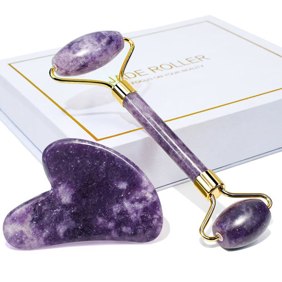 Picture of BAIMEI Jade Roller & Gua Sha Set Face Roller and Gua Sha Facial Tools for Skin Care Routine and Puffiness - Purple