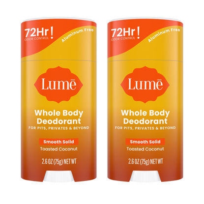 Picture of Lume Whole Body Deodorant - Smooth Solid Stick - 72 Hour Odor Control - Aluminum Free, Baking Soda Free and Skin Safe - 2.6 Ounce (Pack of 2) (Toasted Coconut)