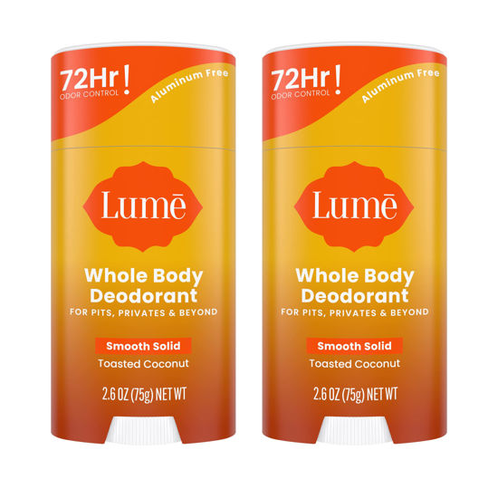 Picture of Lume Whole Body Deodorant - Smooth Solid Stick - 72 Hour Odor Control - Aluminum Free, Baking Soda Free and Skin Safe - 2.6 Ounce (Pack of 2) (Toasted Coconut)