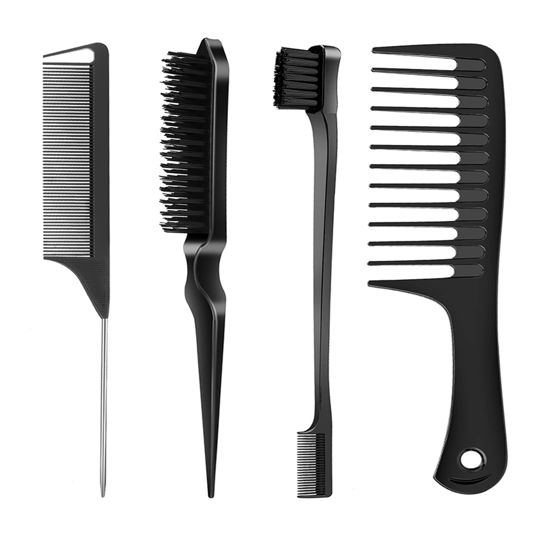 Picture of SWEET VIEW 4 Pcs Hair Styling Brush Set with 1 Pcs Edge Brush 1 Pcs Bristle Hair Brush 1 Pcs Rat Tail Comb 1 Pcs Wide Tooth Comb, Hair Comb Set for Slick Baby Hair and Flyaways - Black