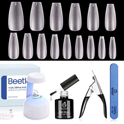 Picture of Beetles Gel Nail Kit, 5 In 1 Nail Glue Gel Base Coat with Pre-Etched Matte Medium Coffin Nails Tips and U V Nail Lamp Acrylic Nail Clipper for Easy DIY Nails Home Fast Nail Extension Set