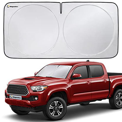 Picture of Magnelex Car Windshield Sun Shade with Storage Pouch. Reflective 240T Material Car Sun Visor with Mirror Cut-Out for Car, Truck, Van or SUV. Foldable Sun Shield for Sun Heat and UV Protection (Small)