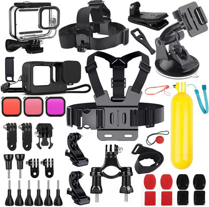 Picture of Kuptone 52 in 1 Accessories Kit Bundle for Gopro 11 10 9 Waterproof Housing Filters Silicone Case Head Chest Strap Suction Cup/Bike Mount Floating Grip