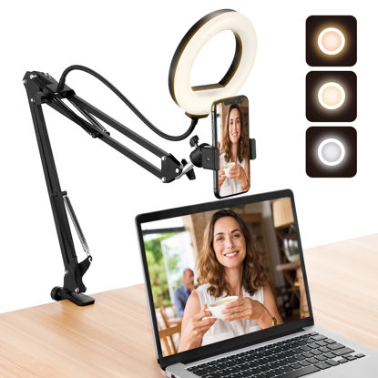 Picture of Overhead Phone Mount (Max. Load 3 LBS) with 6" Ring Light, Flexible Boom Arm Desk Tripod Stand for Camera Recording Compatible with iPhone Logitech Webcam Video Recording/YouTube/Tiktok/Live Stream