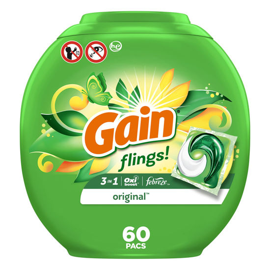 Picture of Gain flings! Laundry Detergent Soap Pacs HE Compatible 60 ct Long Lasting Scent Original Scent