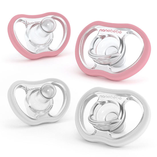 Picture of Nanobebe Active Baby Pacifiers 4-36 Months - Orthodontic, Lightweight and Vented, Curves Comfortably with Face Contour, 100% Silicone - BPA Free, Perfect Baby Registry Gift 4pk, White/Pink