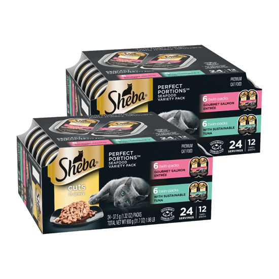 Picture of SHEBA PERFECT PORTIONS Cuts in Gravy Adult Wet Cat Food Trays (24 Count, 48 Servings), Gourmet Salmon & Sustainable Tuna, Easy Peel Twin-Pack Trays