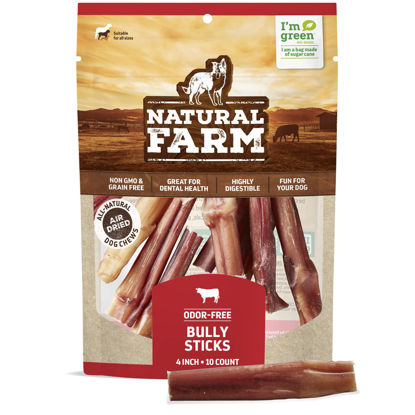 Picture of Natural Farm Odor Free Bully Sticks (4 Inch, 10 Pack) for Small & Medium Dogs - 100% Beef Chews for Pups, Non-GMO, Grain-Free, Fully Digestible Long Lasting Dog Treats