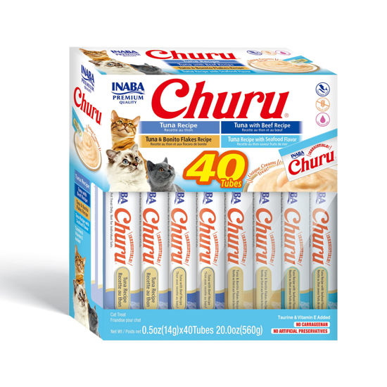 Picture of INABA Churu Cat Treats, Grain-Free, Lickable, Squeezable Creamy Purée Cat Treat/Topper with Vitamin E & Taurine, 0.5 Ounces Each Tube, 40 Tubes, Tuna Variety Box